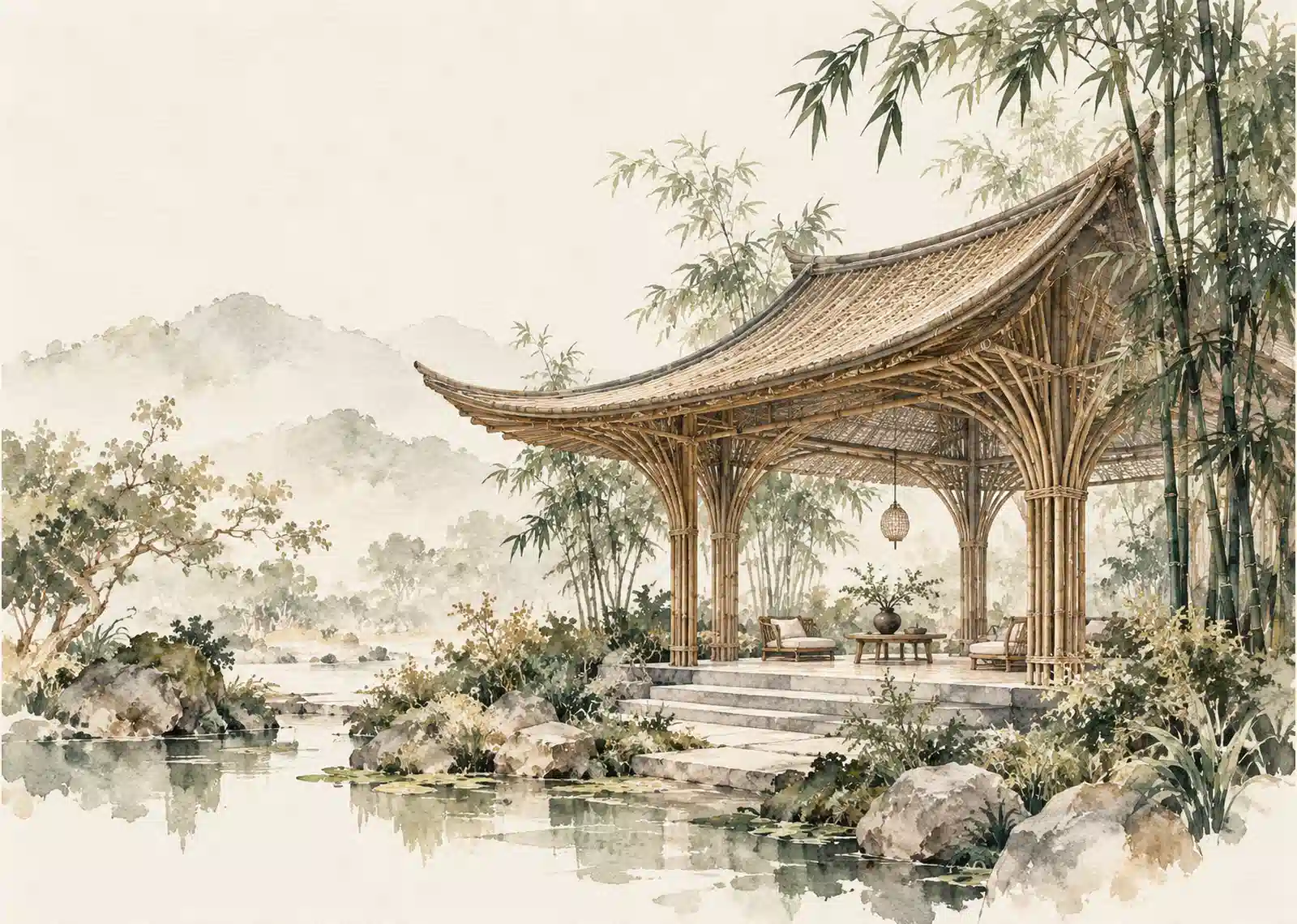 Minh họa công trình kiến trúc tre mái cong giữa vườn